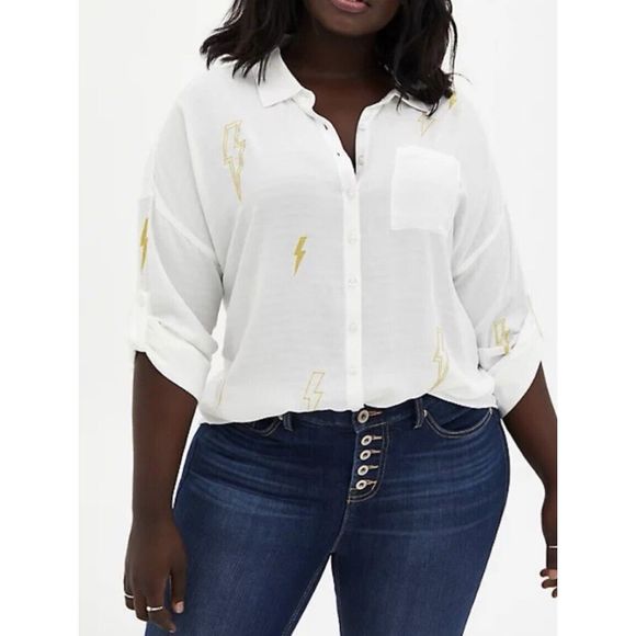 Torrid Drop Shoulder Button Front Top - Size 2X - Lightning White - Picture 1 of 10